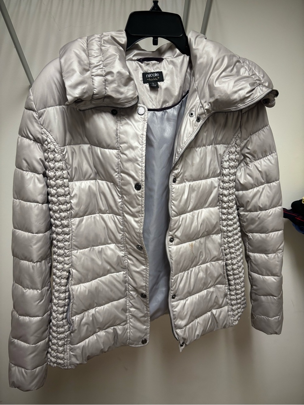 Nicole Silver Quilted Puffer Jacket with Braided Side Panels